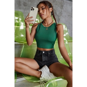 Kadın Yeşil Kare Yaka Crop Top Bluz