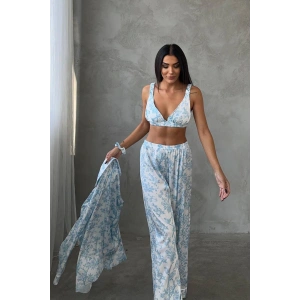 MAVİ KUŞ DİJİTAL BASKILI UZUN SATEN ÜÇLÜ PİJAMA