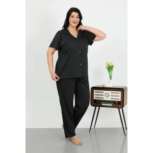Moda Çizgi Kadın Büyük Beden Pamuklu Cepli Düğmeli Siyah Pijama Takım 202507