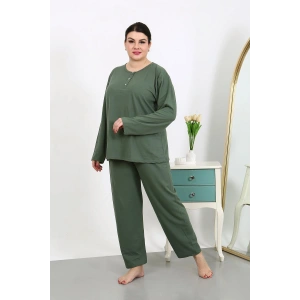 Moda Çizgi Kadın Büyük Beden Uzun Kol Penye Pijama Takımı Haki 202501