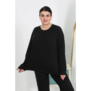 Moda Çizgi Kadın Büyük Beden Uzun Kol Penye Pijama Takımı Siyah 202501