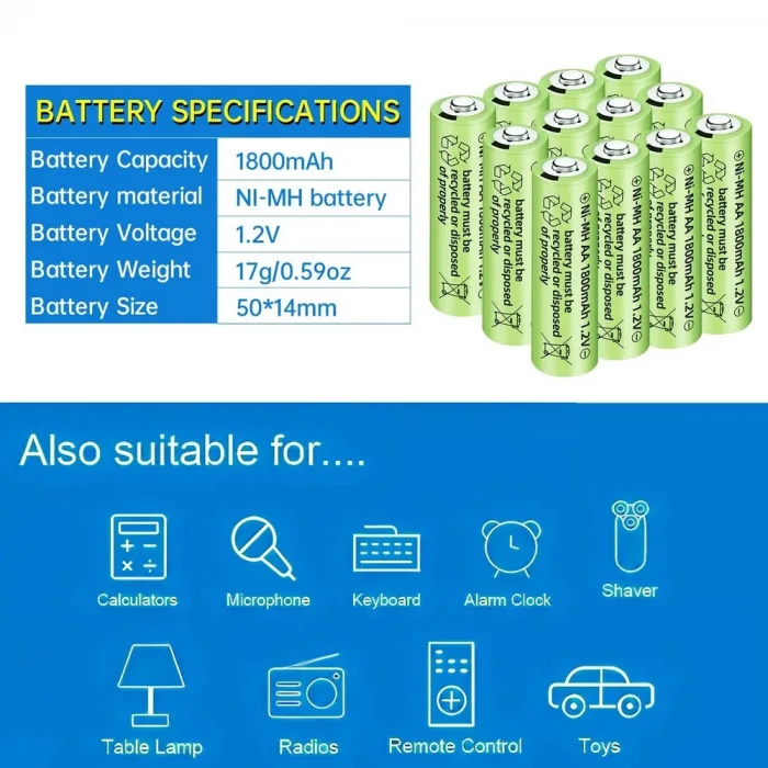 1800mah 1.2v Aa Ni-mh Şarj Edilebilir Pili 12 Adet