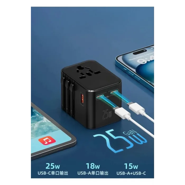 25W Evrensel Seyahat Adaptörü, EU/US/UK/AU Priz Dönüştürücü, 1x USB, 2x Type-C Hızlı Şarj