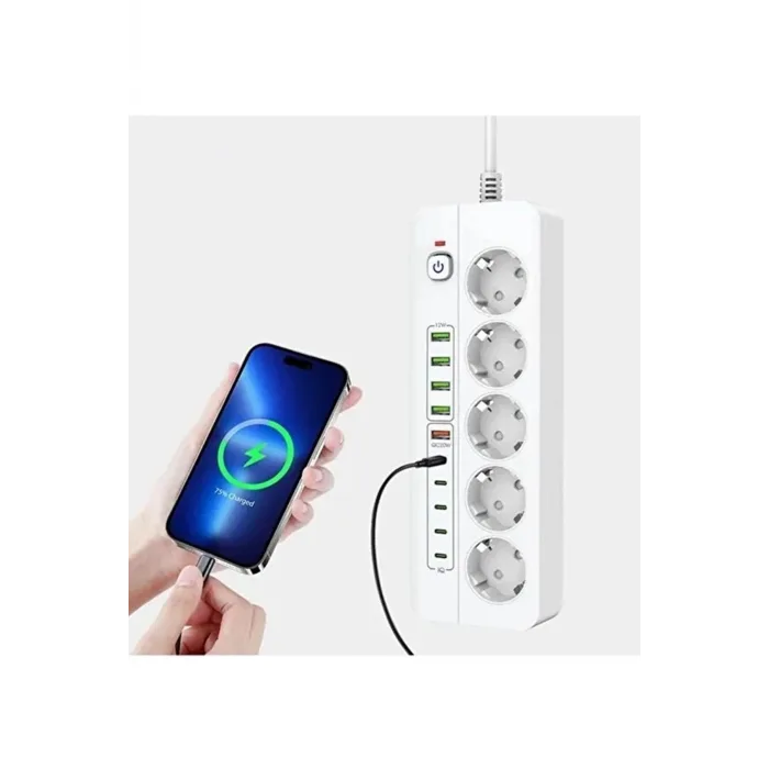 3500W Akım Korumalı 5’li Grup Priz: 5x USB + 5x Type-C Çıkışlı (2 Metre)