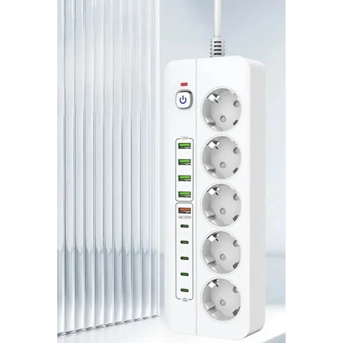 3500W Akım Korumalı 5’li Grup Priz: 5x USB + 5x Type-C Çıkışlı (2 Metre)