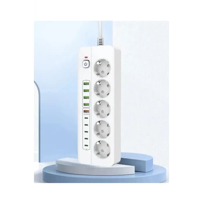 3500W Akım Korumalı 5’li Grup Priz: 5x USB + 5x Type-C Çıkışlı (2 Metre)