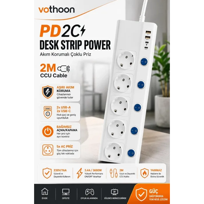 5’li Akım Korumalı Çoklu Priz 2 Metre Kablolu 3680w 16a 5 Anahtarlı 2usb-a 2 Usb-c Pd 20w Hızlı Ftr-28