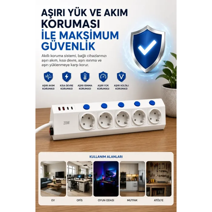 5’li Akım Korumalı Çoklu Priz 2 Metre Kablolu 3680w 16a 5 Anahtarlı 2usb-a 2 Usb-c Pd 20w Hızlı Ftr-28