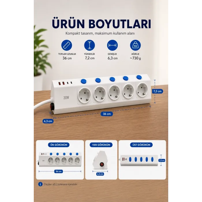 5’li Akım Korumalı Çoklu Priz 2 Metre Kablolu 3680w 16a 5 Anahtarlı 2usb-a 2 Usb-c Pd 20w Hızlı Ftr-28