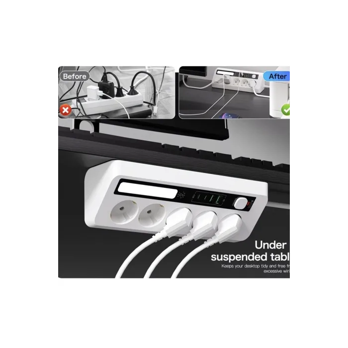 5’li Akım Korumalı Priz 2500w | 2 Usb + 2 Type-c Hızlı Şarj | Led Gece Lambalı | Dokunmatik Beyaz