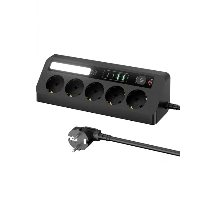 5’li Akım Korumalı Priz 2500W | 2 USB + 2 Type-C Hızlı Şarj | LED Gece Lambalı | Dokunmatik siyah