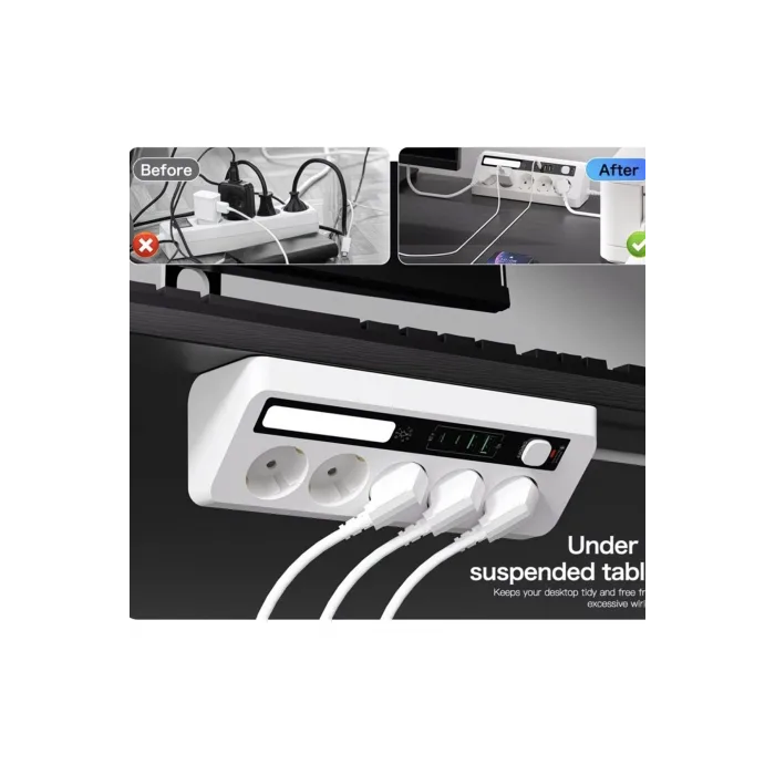 5’li Akım Korumalı Priz 2500W | 2 USB + 2 Type-C Hızlı Şarj | LED Gece Lambalı | Dokunmatik siyah