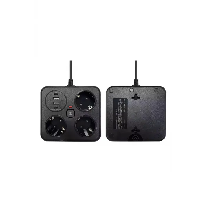 Akım Korumalı Anahtarlı Priz - 3x Priz - 2x Usb - 2x Type-c - 2 Mt Kablo Hızlı Şarj Özellikli Siyah