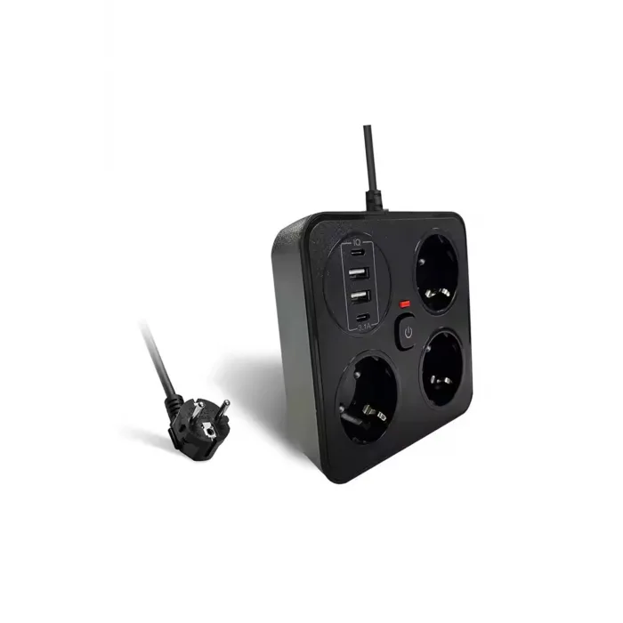 Akım Korumalı Anahtarlı Priz - 3x Priz - 2x Usb - 2x Type-c - 2 Mt Kablo Hızlı Şarj Özellikli Siyah