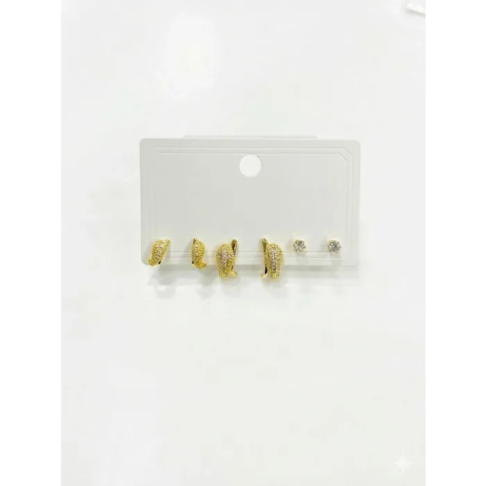   Zirkon Taşlı Pirinç Altılı  Kombin Küpe - Kp00619