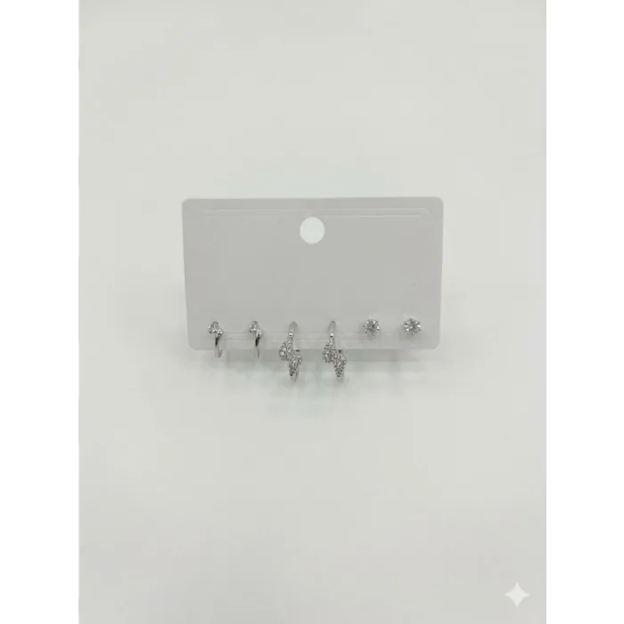 Rodyum Zirkon Taşlı Pirinç Altılı  Kombin Küpe - Kp00583
