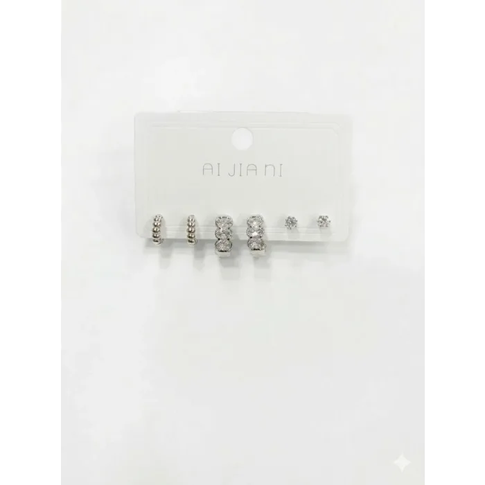 Rodyum  Zirkon Taşlı Pirinç Altılı  Kombin Küpe - Kp00579