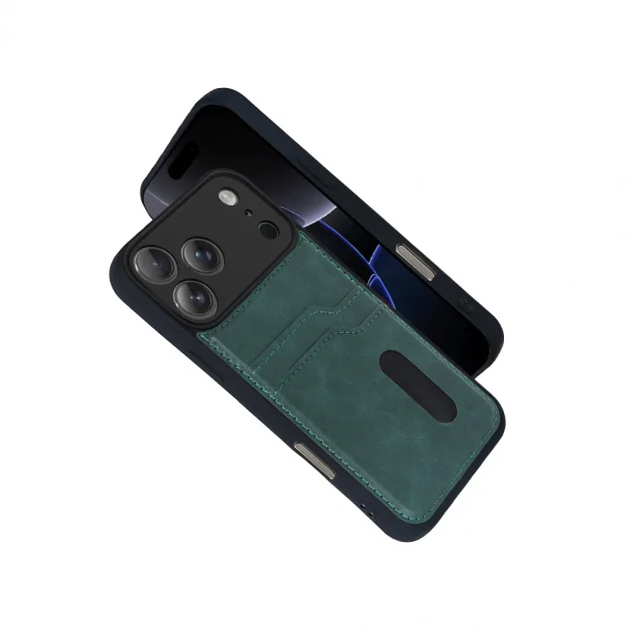 İphone 17 Pro Sara Kartvizitli Deri Kılıf - Yeşil