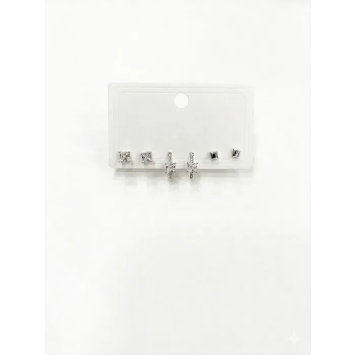 Rodyum  Zirkon Taşlı Pirinç Altılı  Kombin Küpe - Kp00573