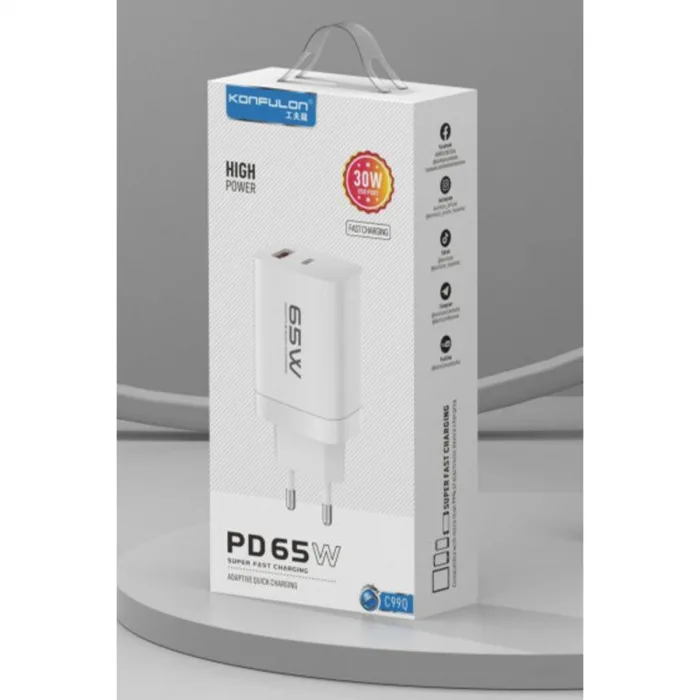 C99Q 65w Pd Destekli Type-c Ve Usb Çift Çıkışlı Hızlı Şarj Adaptörü - Beyaz