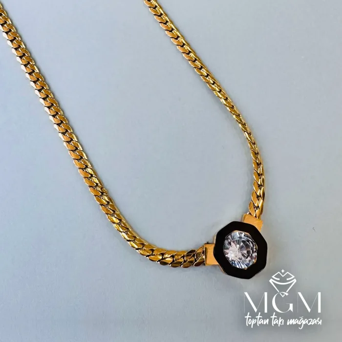 Zirkon Taşlı Çelik Kolyeler 40+5 Cm - Kl0189
