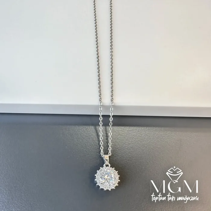 Rodyum Zirkon Taşlı Zincir Çelik Uç Kısmı Pirinç Kolyeler 40 + 5 Cm Uzatma Payı - Kl0119