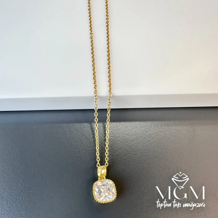 Zirkon Taşlı Zincir Çelik Uç Kısmı Pirinç Kolyeler 40 + 5 Cm Uzatma Payı - Kl0144