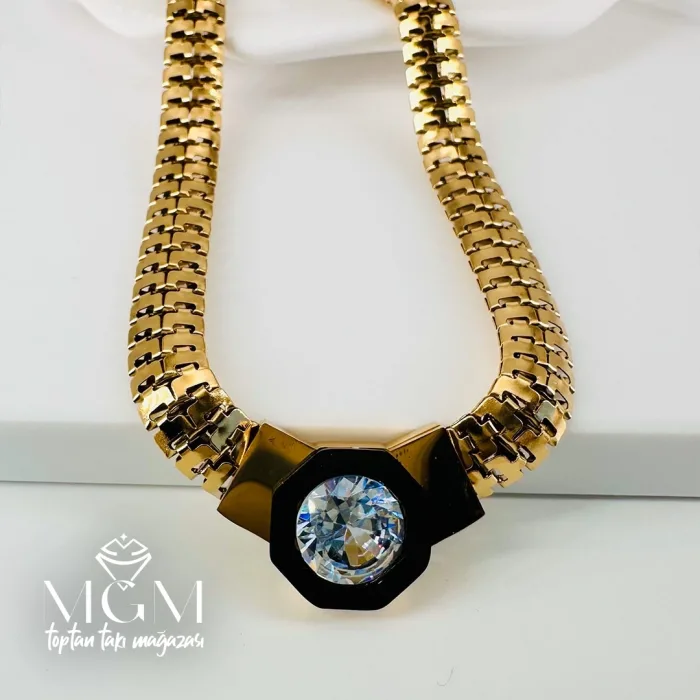 Zirkon Taşlı Çelik Çelik Kolye 40+5 Cm - Kl0194