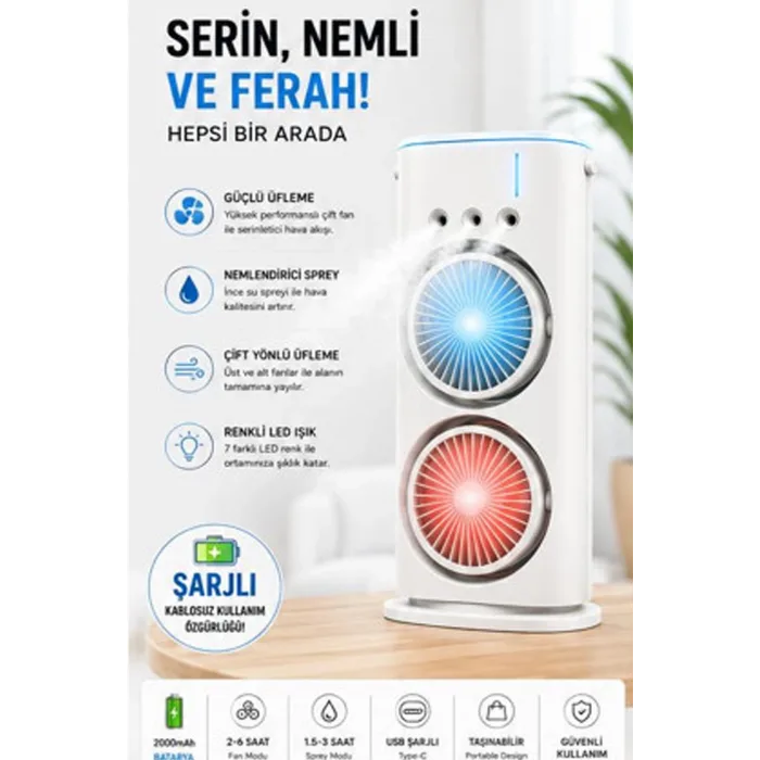 Çift Başlıklı Sprey Fan Nemlendirici Ve Renkli Led Işıklı Beyaz
