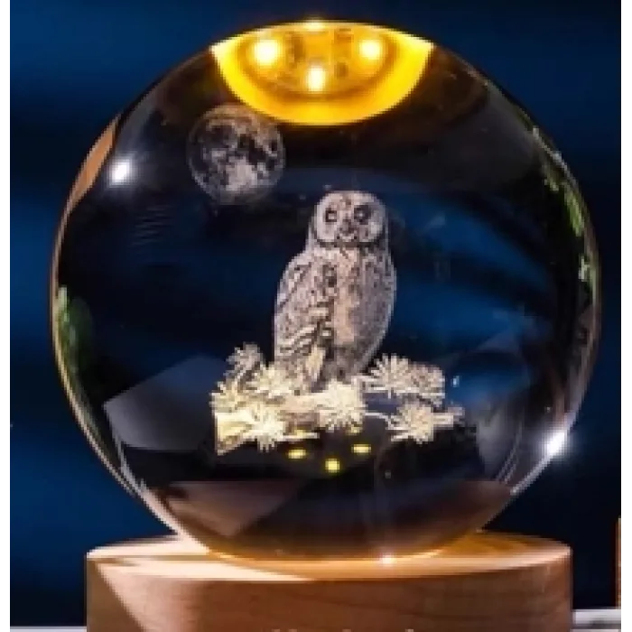 Dekoratif Baykuş Tasarımlı Ahşap Altlıklı Işıklı Cam Küre Büyük Boy 8cm