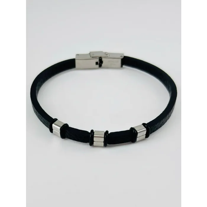 Siyah Deri / Çelik  Erkek Deri Bileklik 20 Cm  - Ebl0096