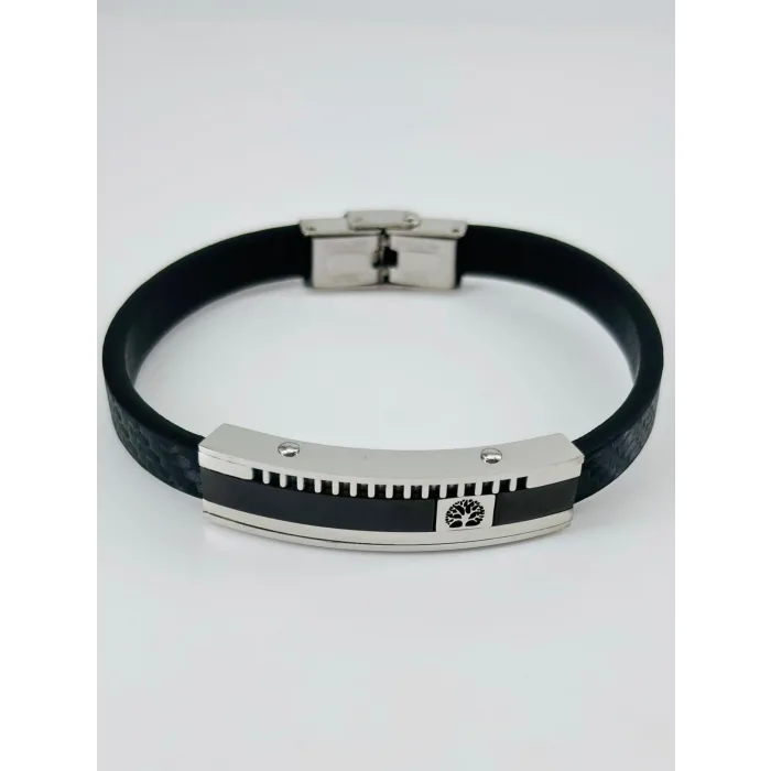 Siyah Deri / Çelik  Erkek Deri Bileklik 20 Cm  - Ebl0084