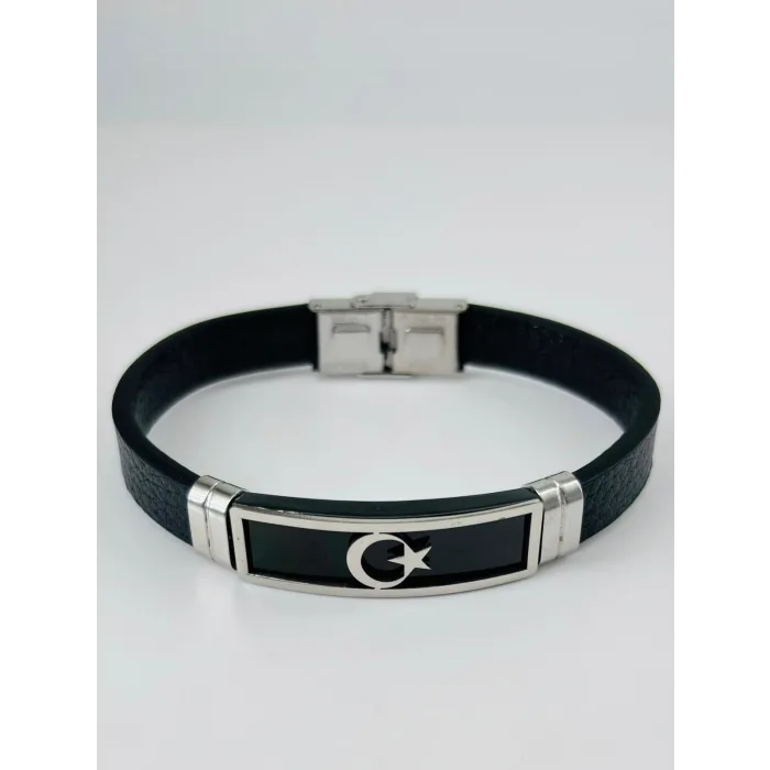 Siyah Deri / Çelik  Erkek Deri Bileklik 20 Cm  - Ebl0124