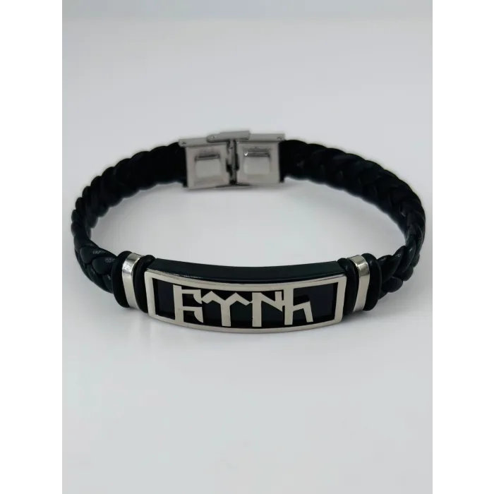 Siyah Deri / Çelik  Erkek Deri Bileklik 20 Cm  - Ebl0085