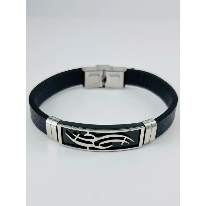 Siyah Deri / Çelik  Erkek Deri Bileklik 20 Cm  - Ebl0109