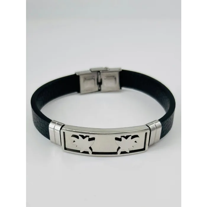 Siyah Deri / Çelik  Erkek Deri Bileklik 20 Cm  - Ebl0099