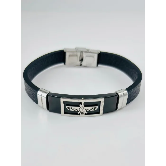 Siyah Deri / Çelik  Erkek Deri Bileklik 20 Cm  - Ebl0102