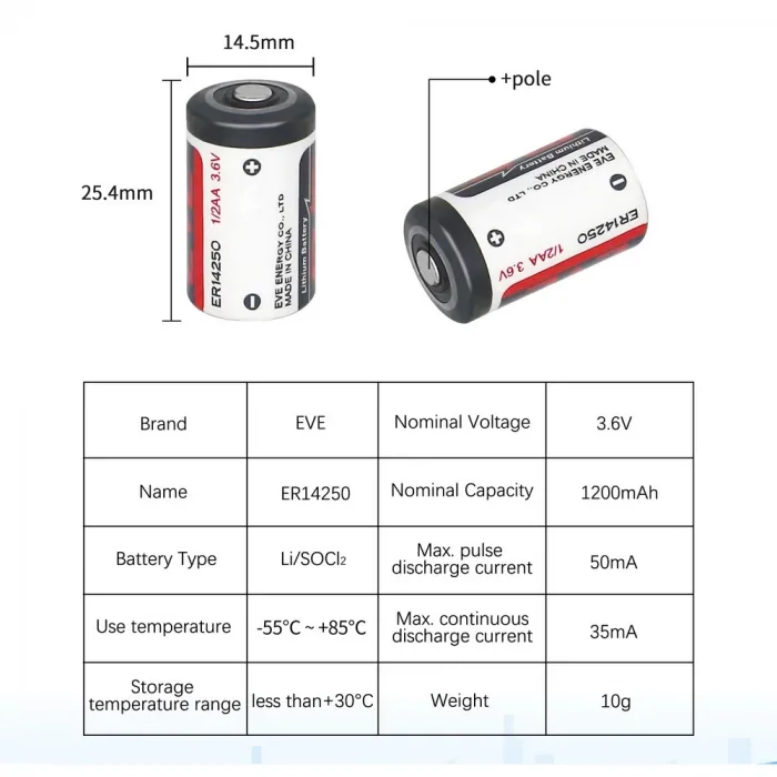 Eve Er14250 1/2aa Size 3.6v 1200 Mah Şarjsız Li-socl2 Lithium Pil