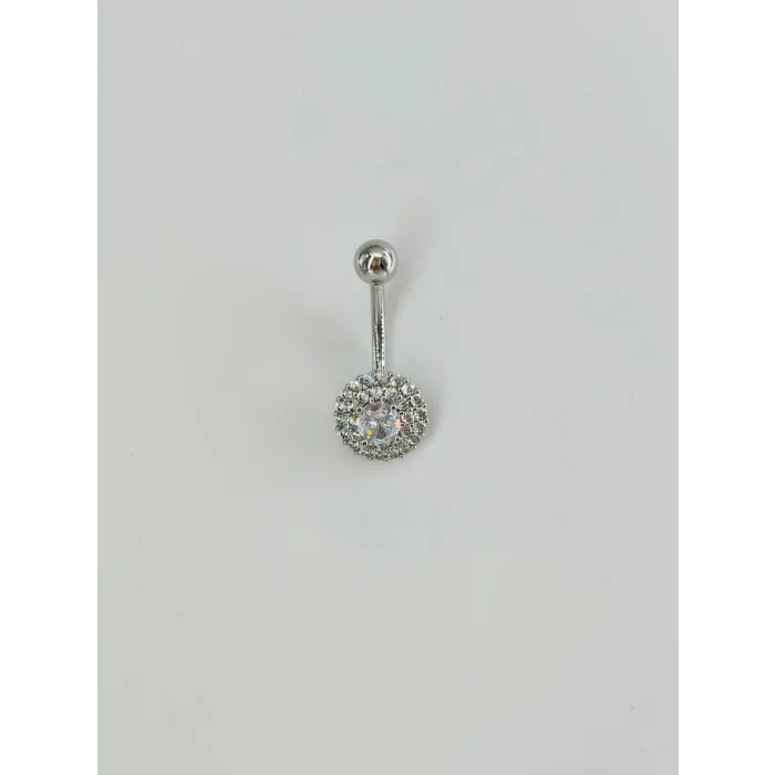 Rodyum Zirkon Taşlı Çelik Göbek Bar Uzunluğu : 13 Mm / Bar Kalınlığı 1.41 Mm /  - Pg0102