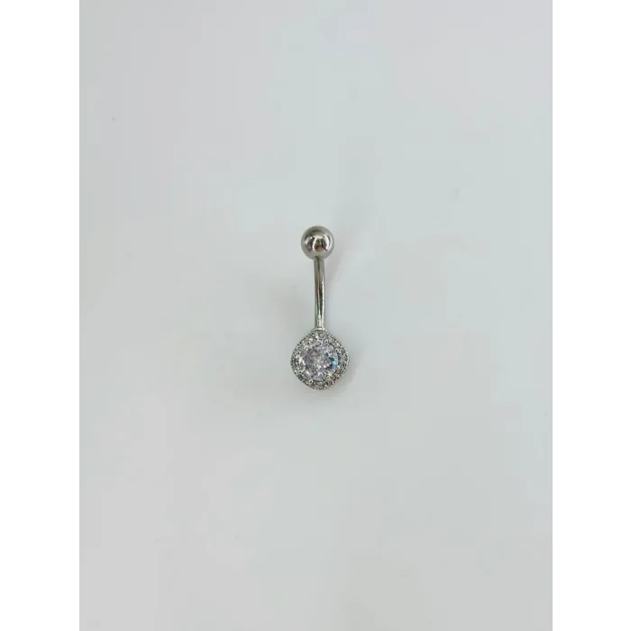Rodyum Zirkon Taşlı Çelik Göbek Bar Uzunluğu : 13 Mm / Bar Kalınlığı 1.41 Mm /  - Pg0144