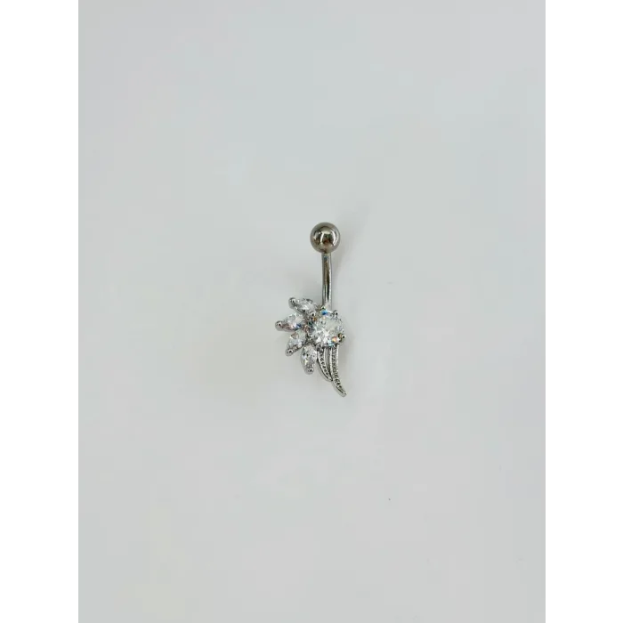 Rodyum Zirkon Taşlı Çelik Göbek Bar Uzunluğu : 13 Mm / Bar Kalınlığı 1.41 Mm /  - Pg0092