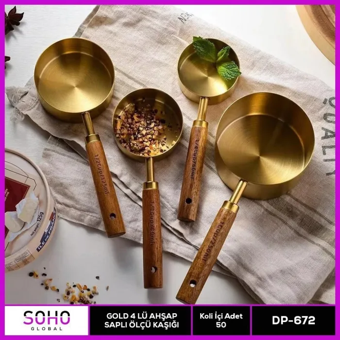 Gold 4lü Ahap Saplı Ölçü Kaşığı