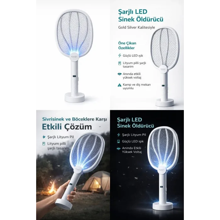 Gold Silver Gs-3602 Şarjlı Led Sivrisinek Öldürücü Raket Standlı Çift Kullanımlı Lityum Pilli