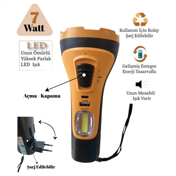 Gold Silver Gs-4275 7 Watt Cob Aydınlatmalı Şarjlı El Feneri