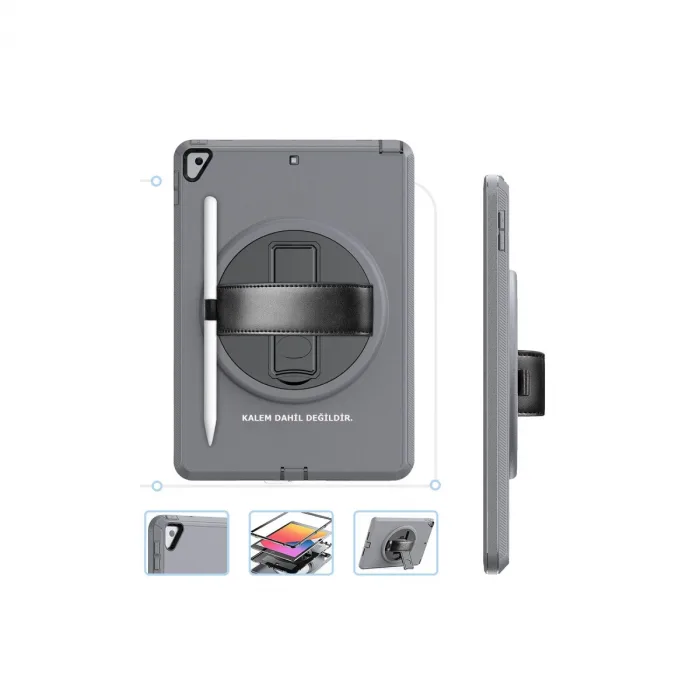 İpad 10.2 (7.nesil) Kılıf Hand Strap Tablet Kılıfı - Gri