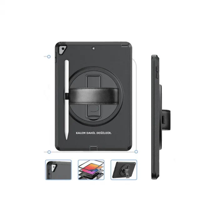 İpad 10.2 (7.nesil) Kılıf Hand Strap Tablet Kılıfı - Siyah