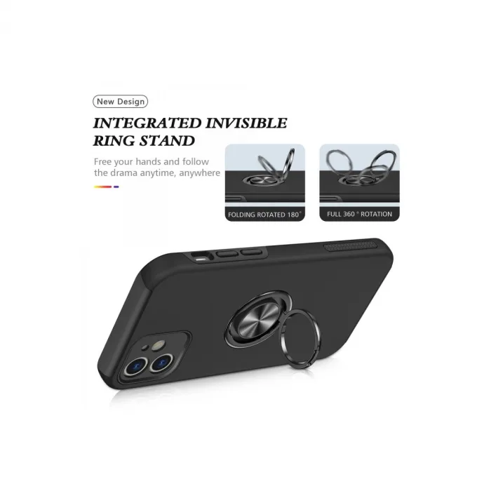 İphone 12 Mini Kılıf Elit Yüzüklü Kapak - Siyah