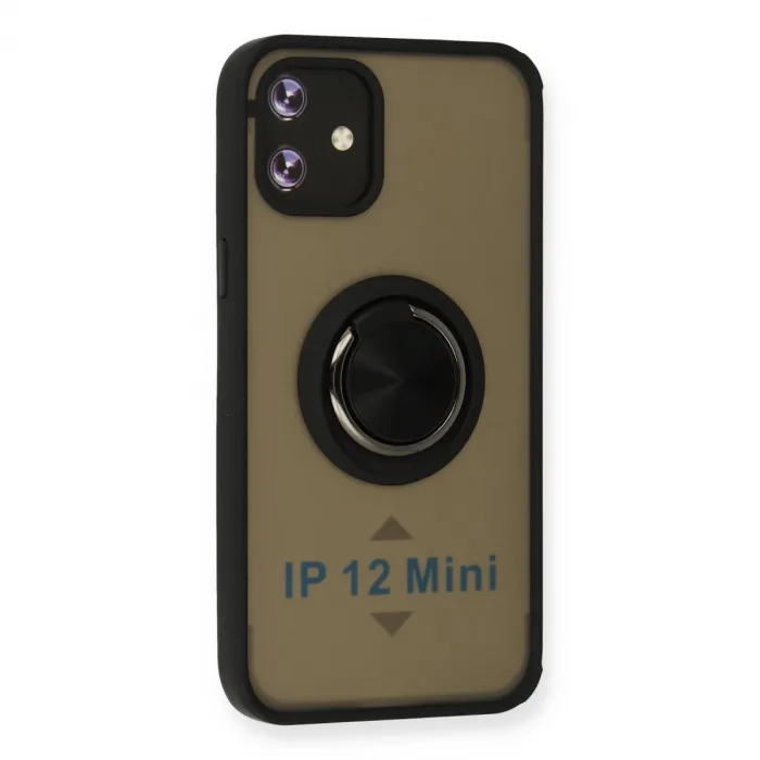 İphone 12 Mini Kılıf Montreal Yüzüklü Silikon Kapak - Siyah