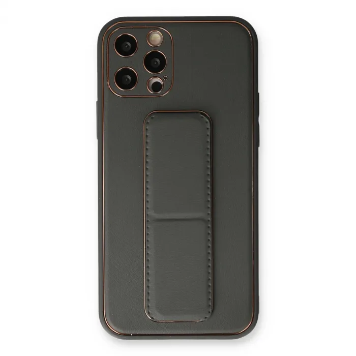 İphone 12 Pro Kılıf Coco Deri Standlı Kapak - Füme