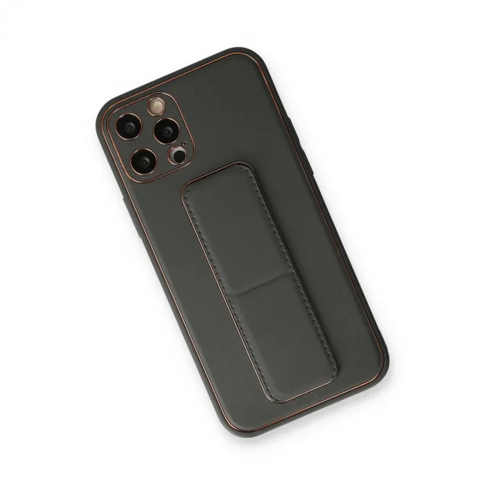 İphone 12 Pro Kılıf Coco Deri Standlı Kapak - Füme